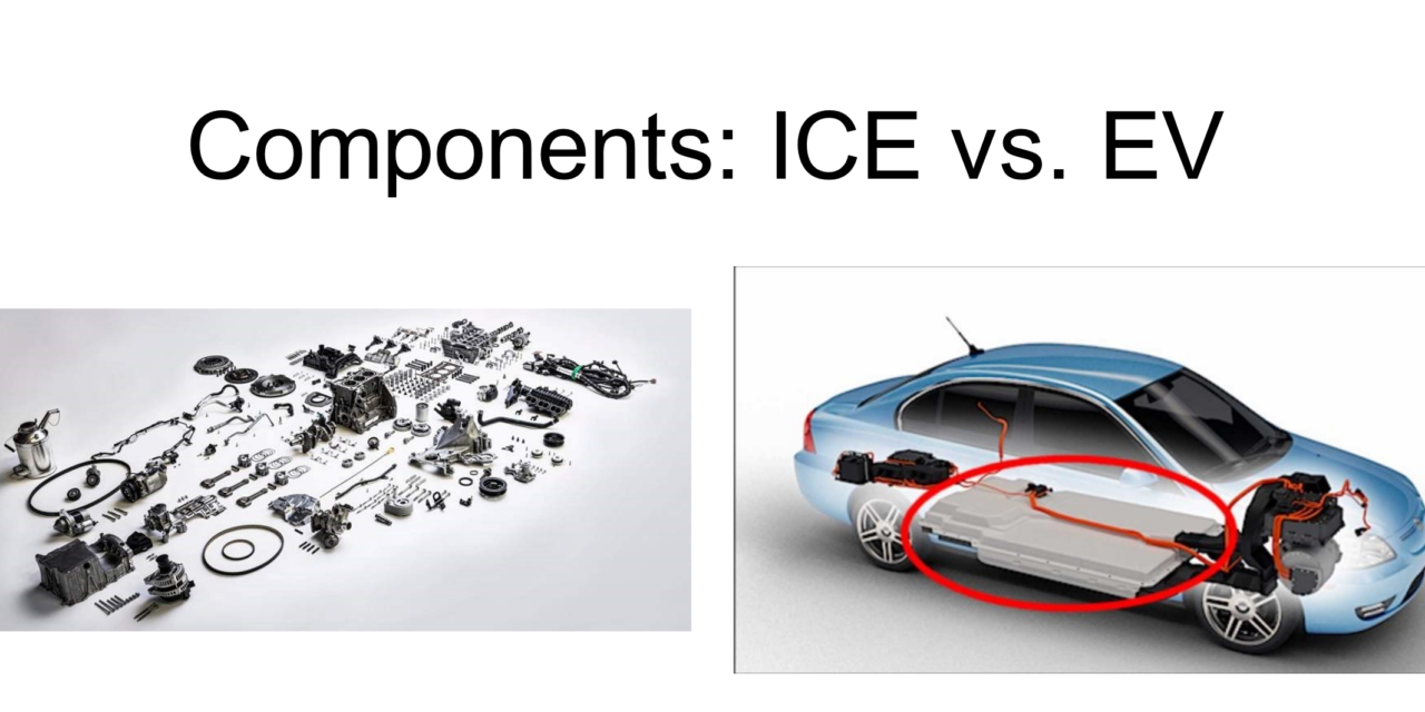 How do electric vehicle (EV) powertrain components differ from those in internal combustion engine (ICE) vehicles?