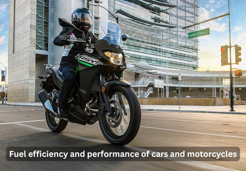 How do fuel efficiency and performance differ between cars and motorcycles?