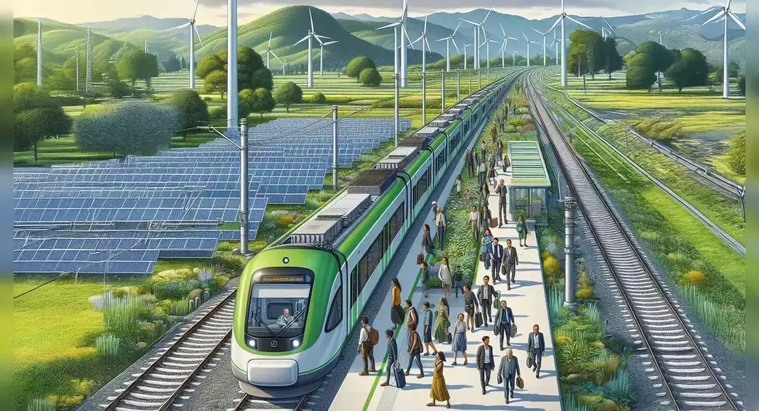 How do electric trains and other green technologies reduce the environmental impact of rail transportation?